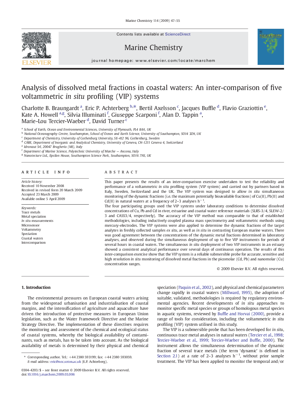 Analysis of dissolved metal fractions in coastal waters: An inter-comparison of five voltammetric in situ profiling (VIP) systems