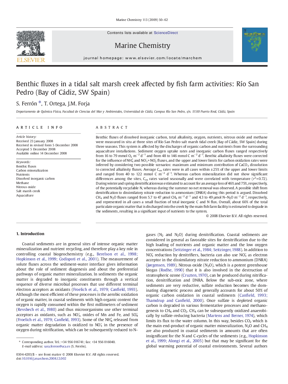 Benthic fluxes in a tidal salt marsh creek affected by fish farm activities: Río San Pedro (Bay of Cádiz, SW Spain)