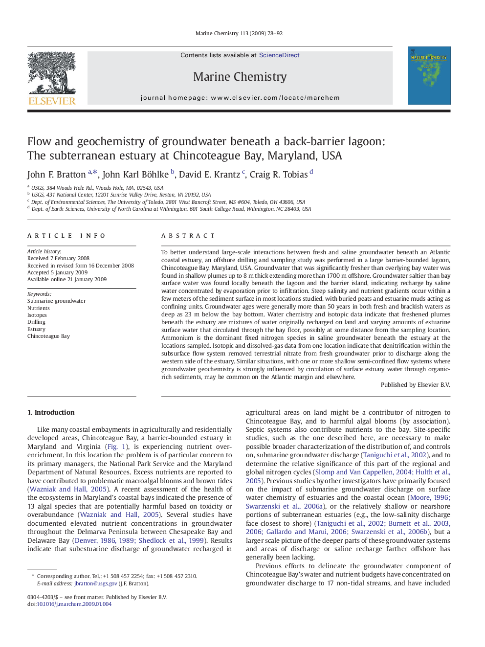 Flow and geochemistry of groundwater beneath a back-barrier lagoon: The subterranean estuary at Chincoteague Bay, Maryland, USA