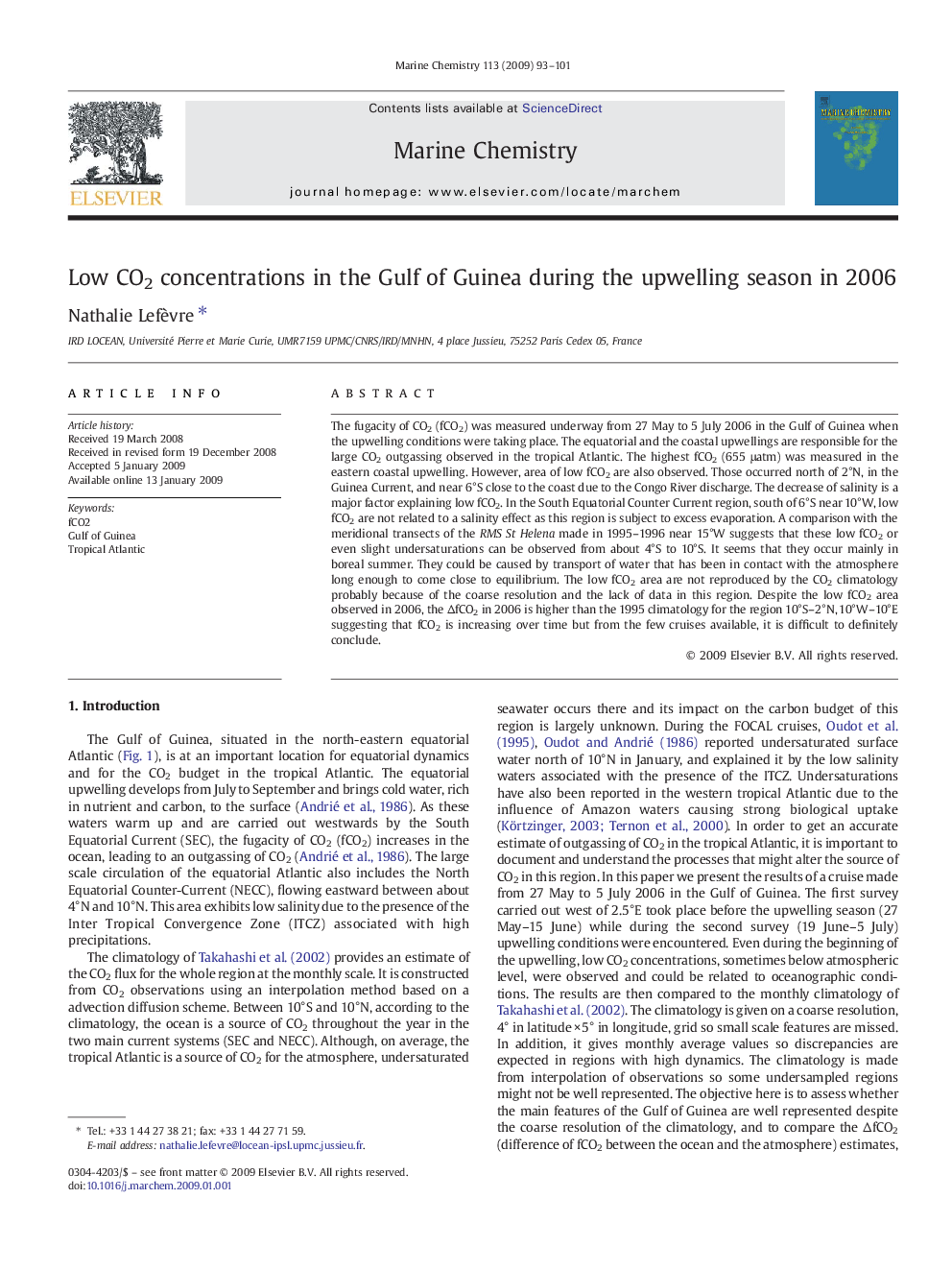 Low CO2 concentrations in the Gulf of Guinea during the upwelling season in 2006