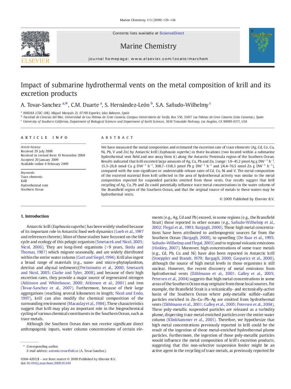 Impact of submarine hydrothermal vents on the metal composition of krill and its excretion products