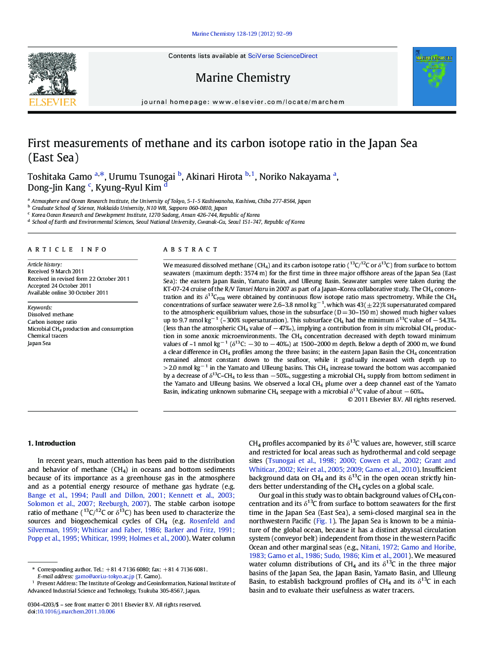 First measurements of methane and its carbon isotope ratio in the Japan Sea (East Sea)