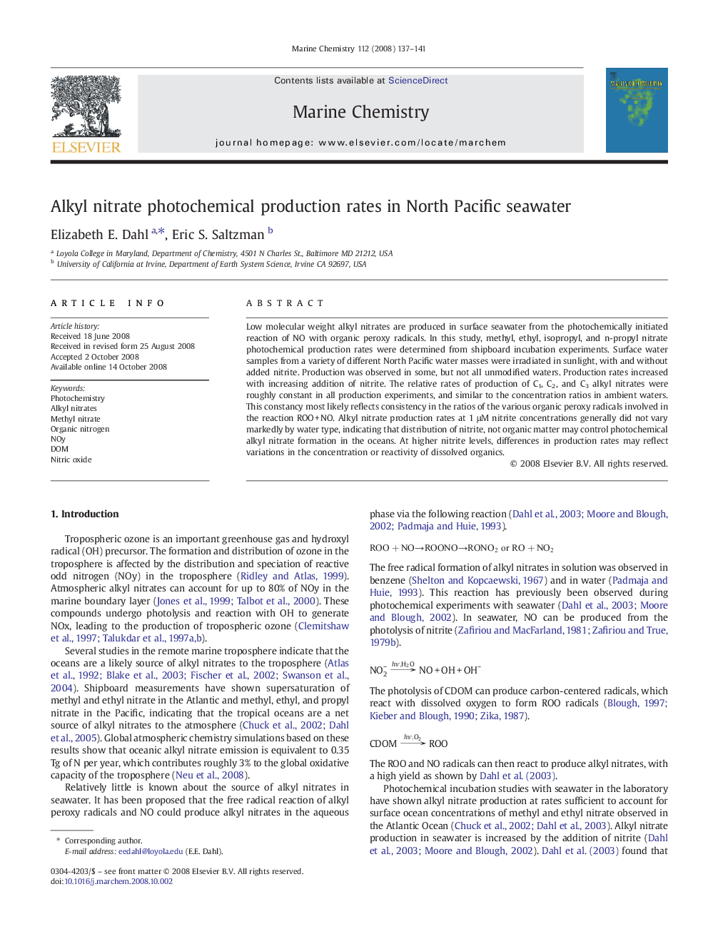 Alkyl nitrate photochemical production rates in North Pacific seawater