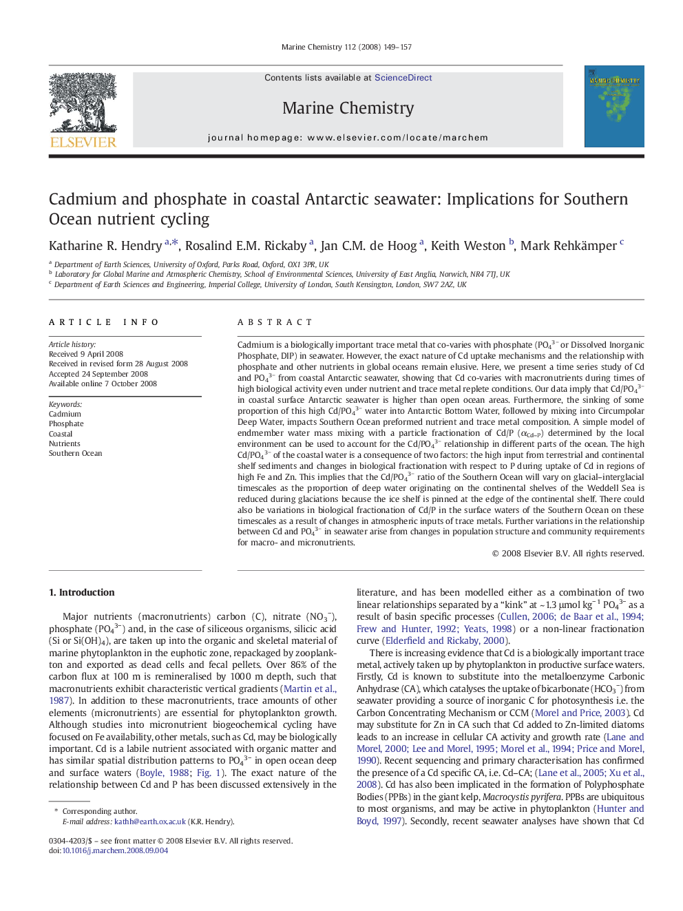 Cadmium and phosphate in coastal Antarctic seawater: Implications for Southern Ocean nutrient cycling