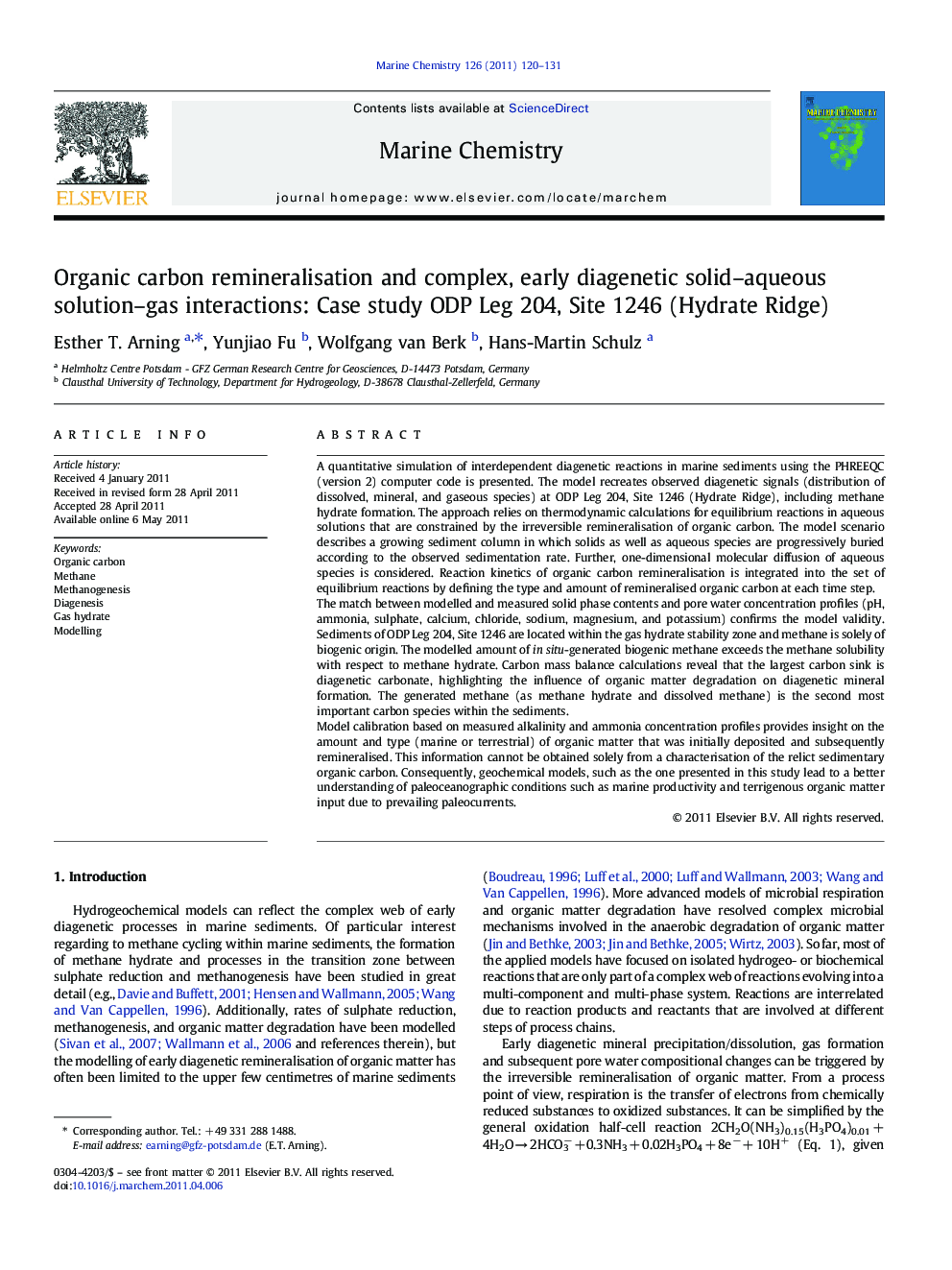 Organic carbon remineralisation and complex, early diagenetic solid–aqueous solution–gas interactions: Case study ODP Leg 204, Site 1246 (Hydrate Ridge)