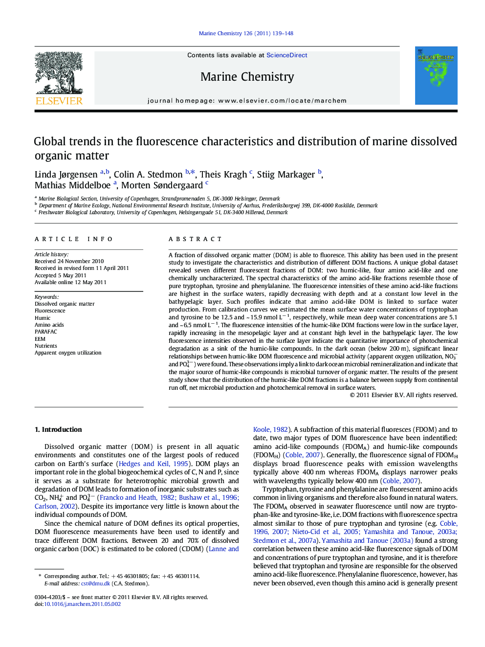 Global trends in the fluorescence characteristics and distribution of marine dissolved organic matter