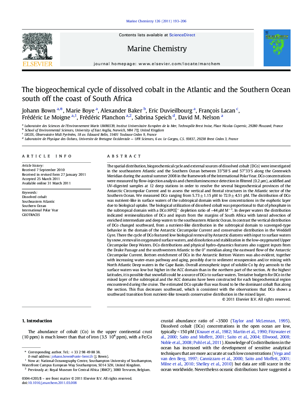 The biogeochemical cycle of dissolved cobalt in the Atlantic and the Southern Ocean south off the coast of South Africa