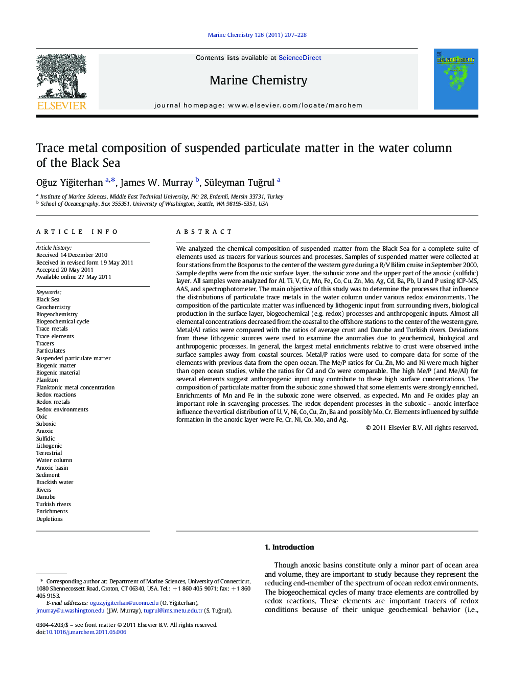 Trace metal composition of suspended particulate matter in the water column of the Black Sea