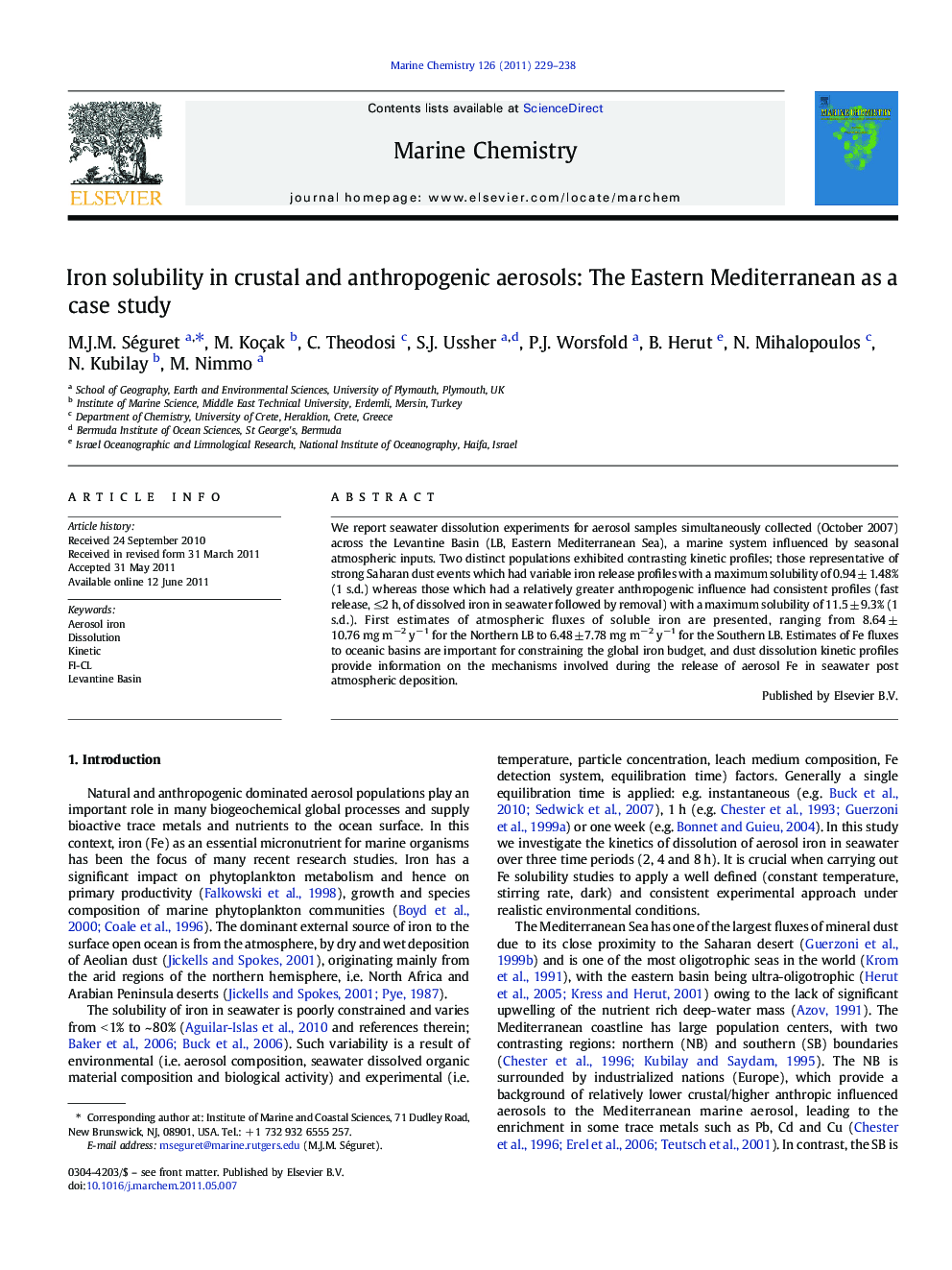 Iron solubility in crustal and anthropogenic aerosols: The Eastern Mediterranean as a case study