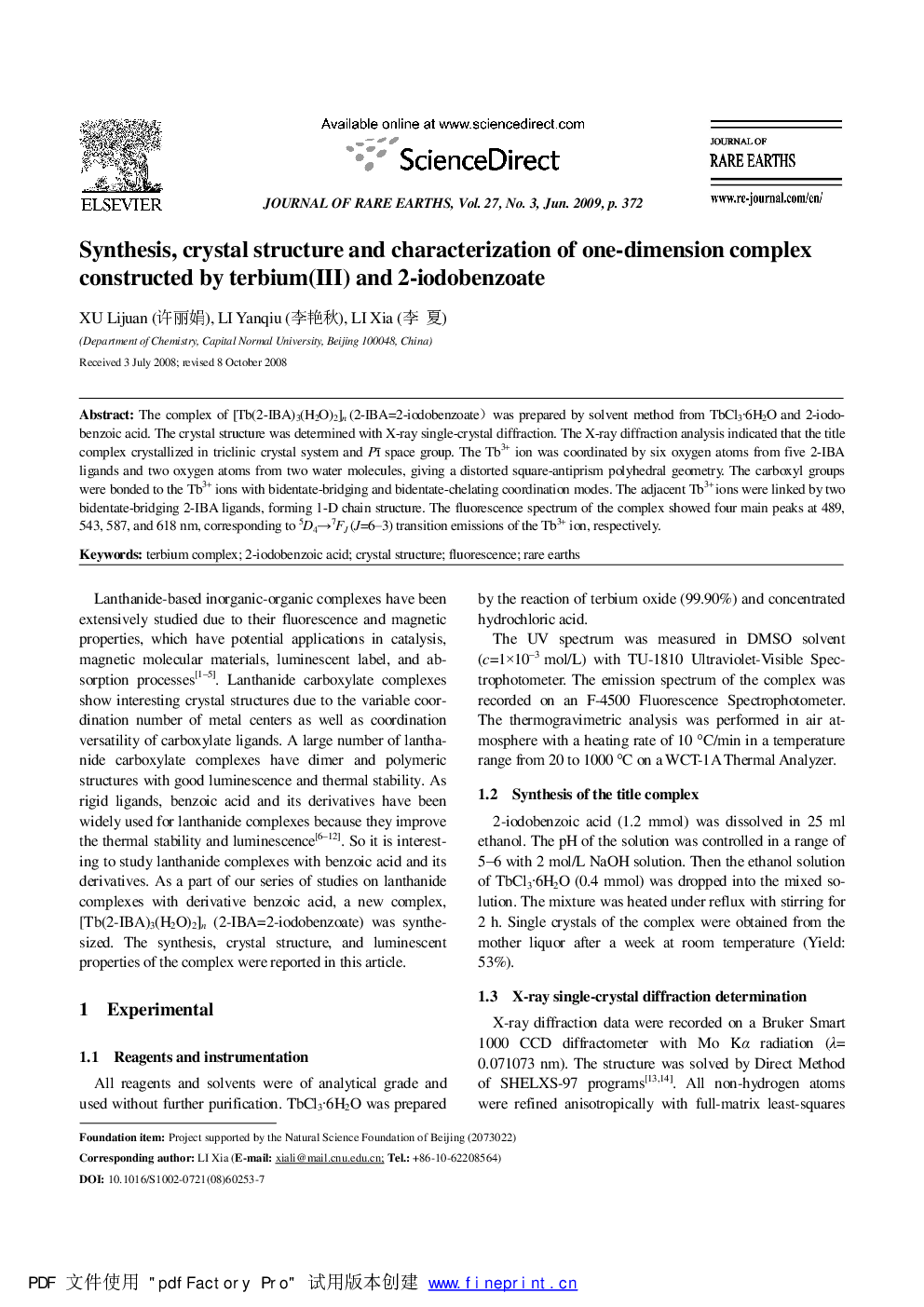 Synthesis, crystal structure and characterization of one-dimension complex constructed by terbium(III) and 2-iodobenzoate 