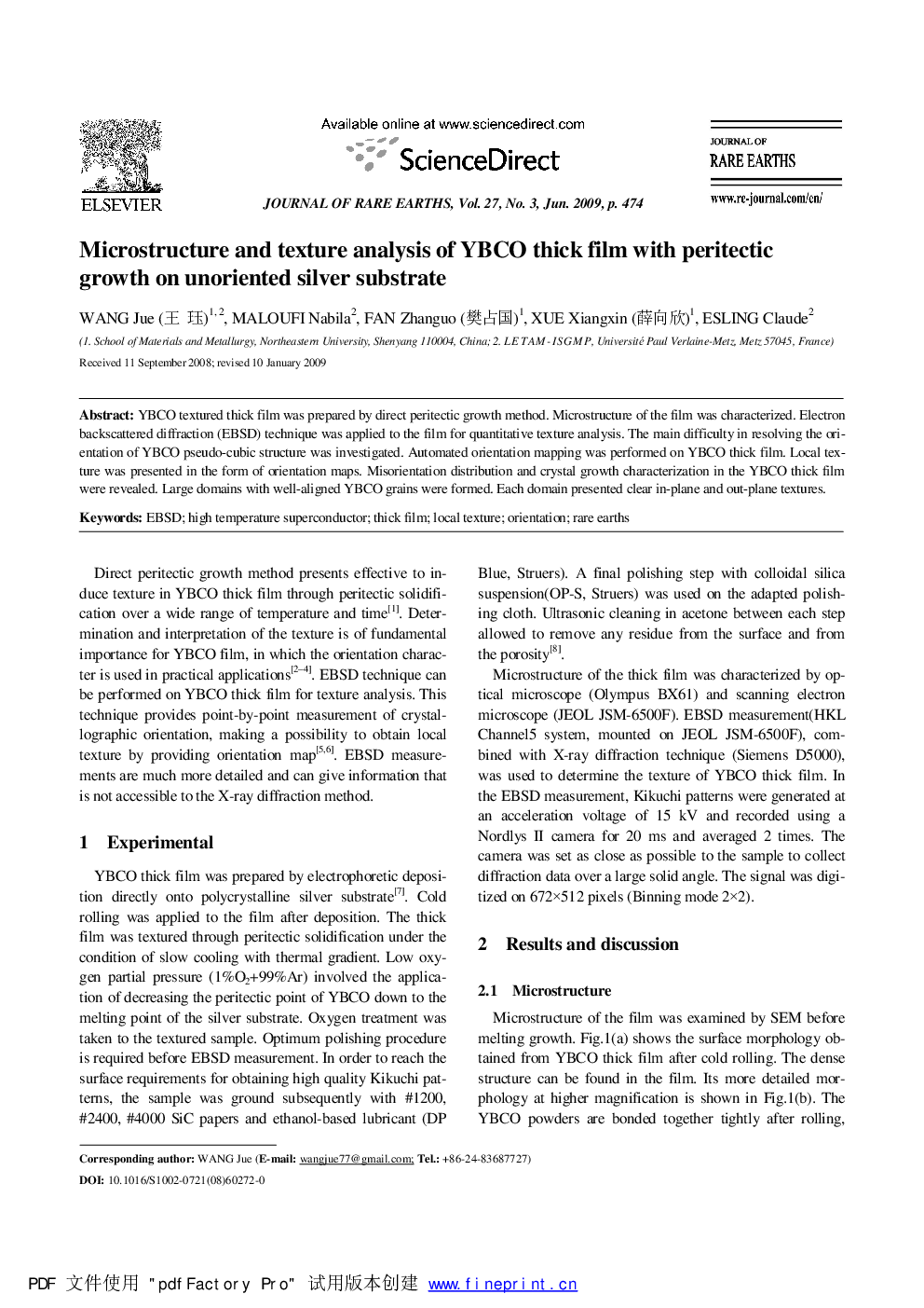 عکس صفحه اول مقاله: Microstructure and texture analysis of YBCO thick film with peritectic growth on unoriented silver substrate Microstructure and texture analysis of YBCO thick film with peritectic growth on unoriented silver substrate