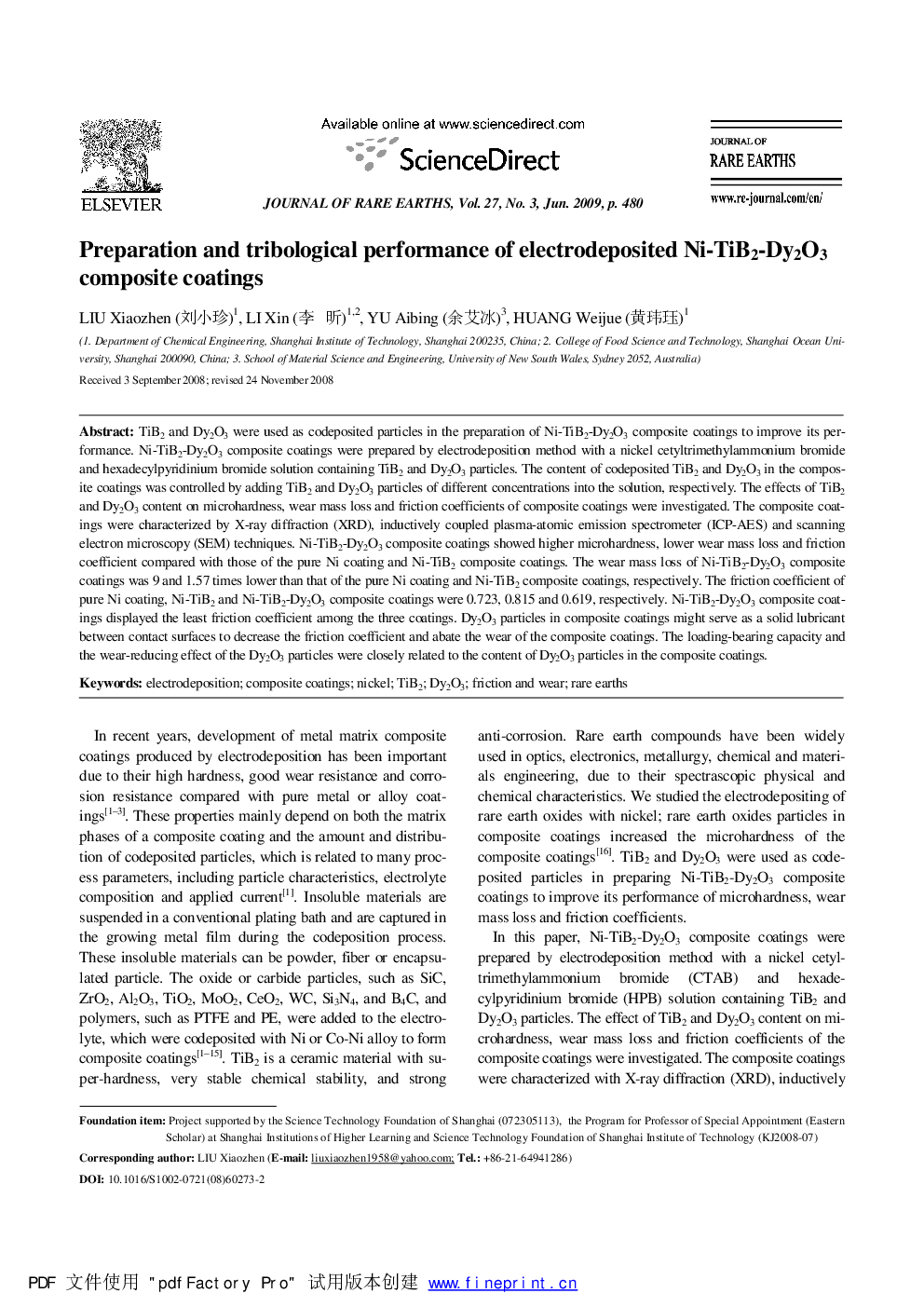 عکس صفحه اول مقاله: Preparation and tribological performance of electrodeposited Ni-TiB2-Dy2O3 composite coatings Preparation and tribological performance of electrodeposited Ni-TiB2-Dy2O3 composite coatings