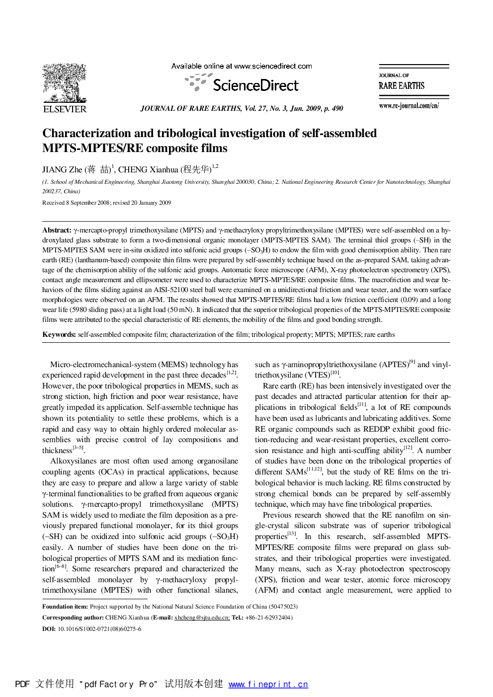 عکس صفحه اول مقاله: Characterization and tribological investigation of self-assembled MPTS-MPTES/RE composite films Characterization and tribological investigation of self-assembled MPTS-MPTES/RE composite films