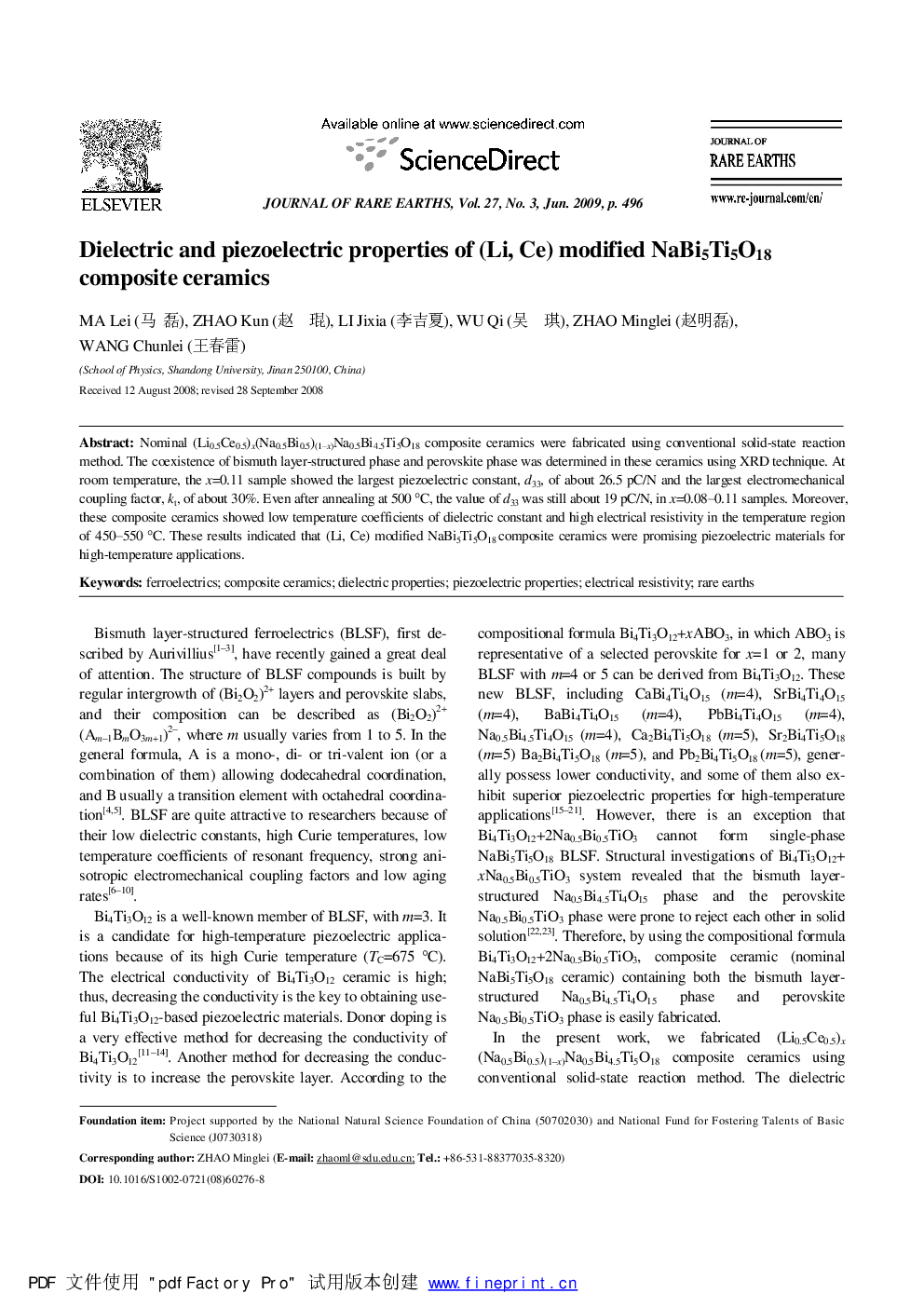 عکس صفحه اول مقاله: Dielectric and piezoelectric properties of (Li, Ce) modified NaBi5Ti5O18 composite ceramics Dielectric and piezoelectric properties of (Li, Ce) modified NaBi5Ti5O18 composite ceramics