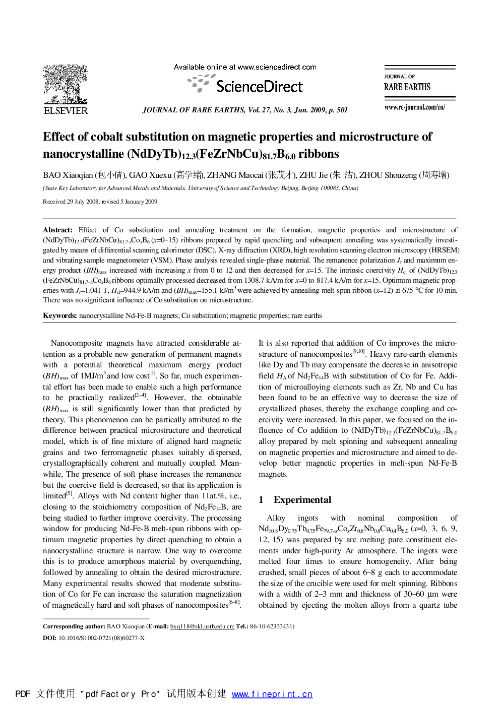 عکس صفحه اول مقاله: Effect of cobalt substitution on magnetic properties and microstructure of nanocrystalline (NdDyTb)12.3(FeZrNbCu)81.7B6.0 ribbons Effect of cobalt substitution on magnetic properties and microstructure of nanocrystalline (NdDyTb)12.3(FeZrNbCu)81.7B6.0 ribbons
