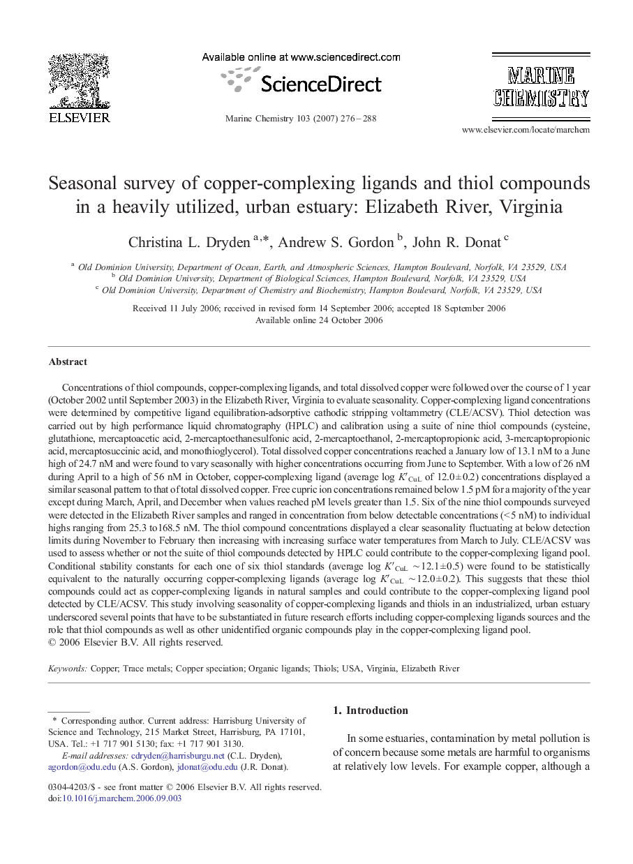 عکس صفحه اول مقاله: Seasonal survey of copper-complexing ligands and thiol compounds in a heavily utilized, urban estuary: Elizabeth River, Virginia Seasonal survey of copper-complexing ligands and thiol compounds in a heavily utilized, urban estuary: Elizabeth River, Virginia