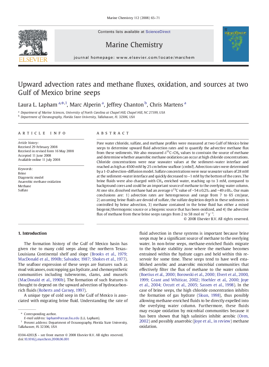 Upward advection rates and methane fluxes, oxidation, and sources at two Gulf of Mexico brine seeps