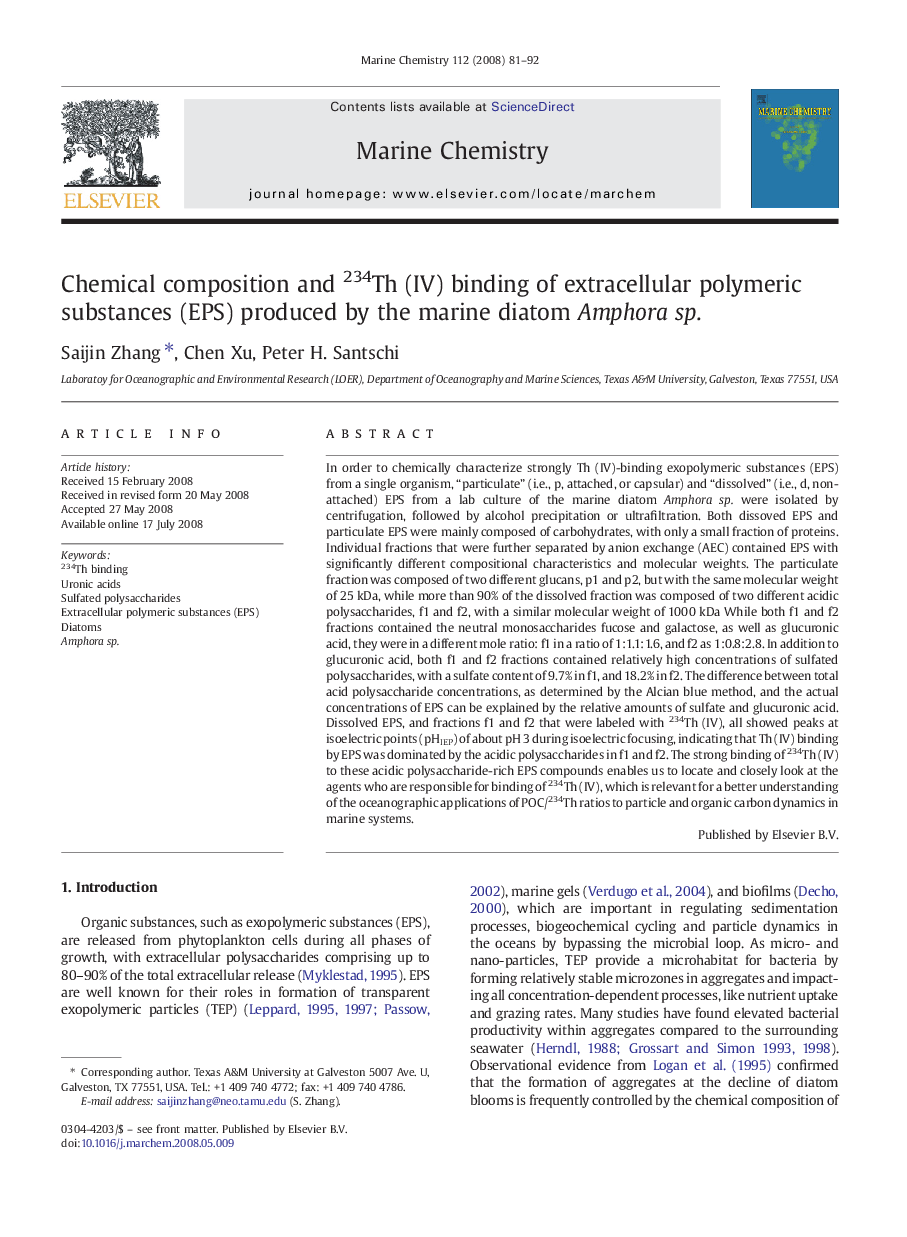 Chemical composition and 234Th (IV) binding of extracellular polymeric substances (EPS) produced by the marine diatom Amphora sp.