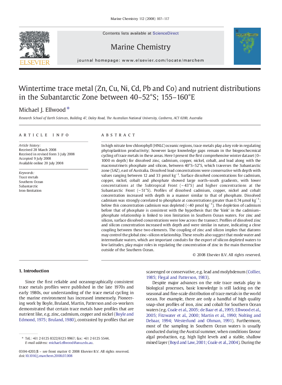 Wintertime trace metal (Zn, Cu, Ni, Cd, Pb and Co) and nutrient distributions in the Subantarctic Zone between 40–52°S; 155–160°E