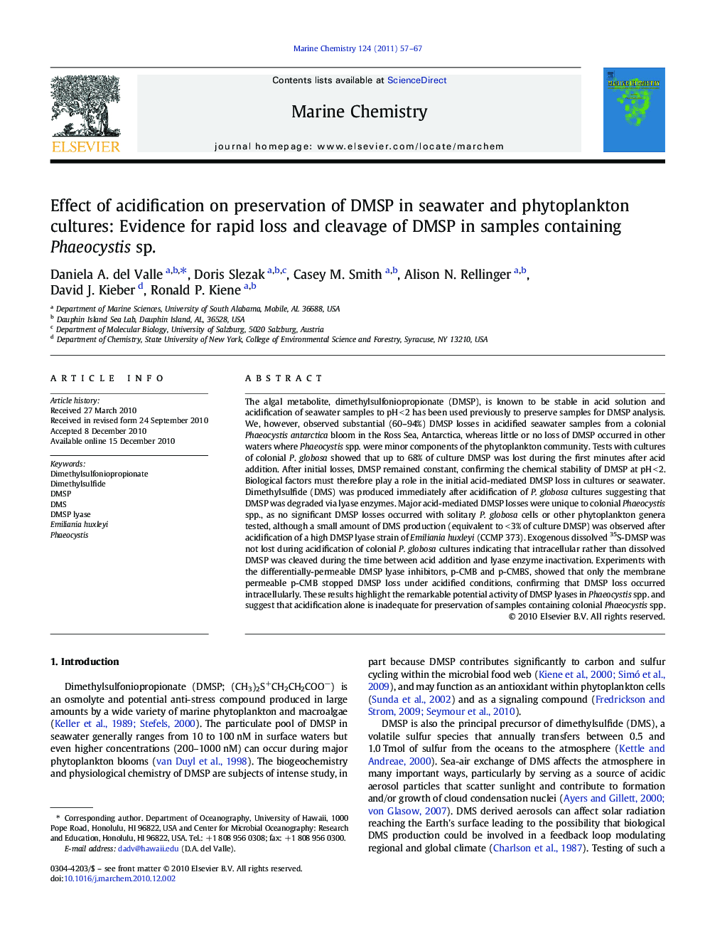 Effect of acidification on preservation of DMSP in seawater and phytoplankton cultures: Evidence for rapid loss and cleavage of DMSP in samples containing Phaeocystis sp.