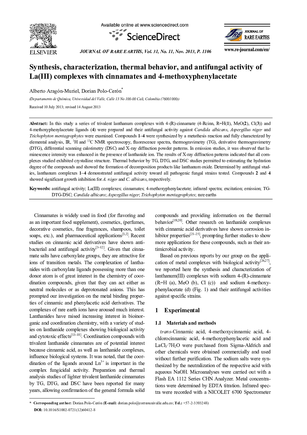 Synthesis, characterization, thermal behavior, and antifungal activity of La(III) complexes with cinnamates and 4-methoxyphenylacetate