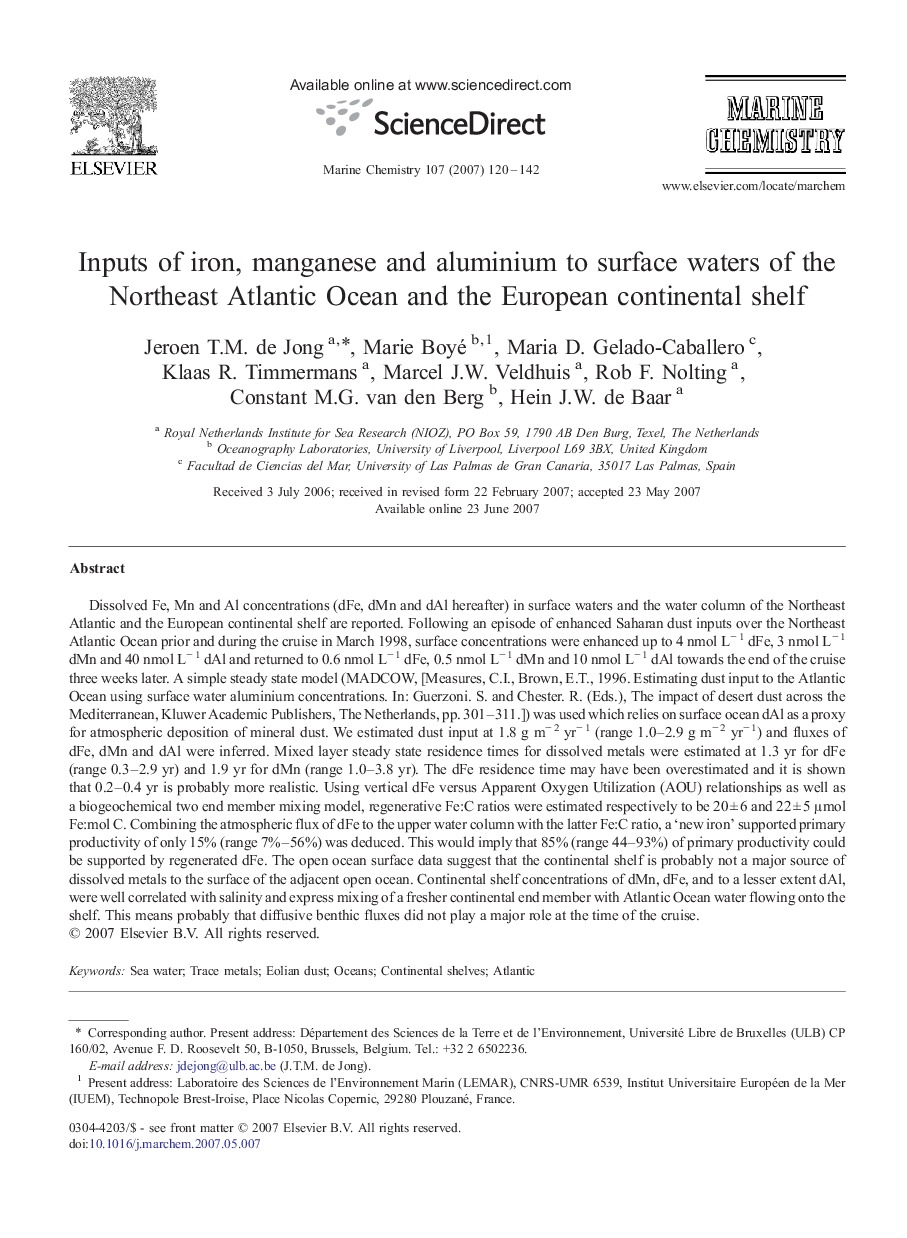 Inputs of iron, manganese and aluminium to surface waters of the Northeast Atlantic Ocean and the European continental shelf