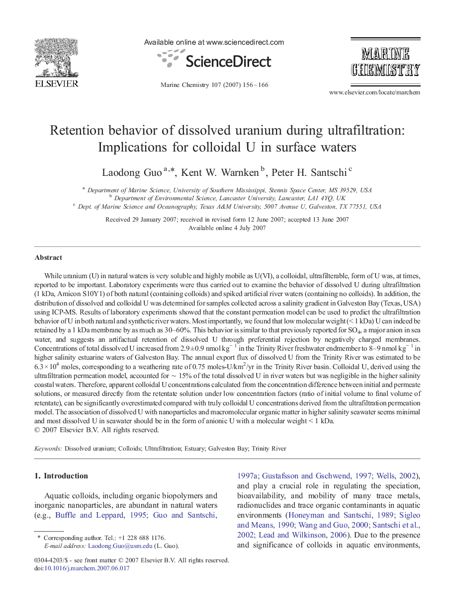 Retention behavior of dissolved uranium during ultrafiltration: Implications for colloidal U in surface waters