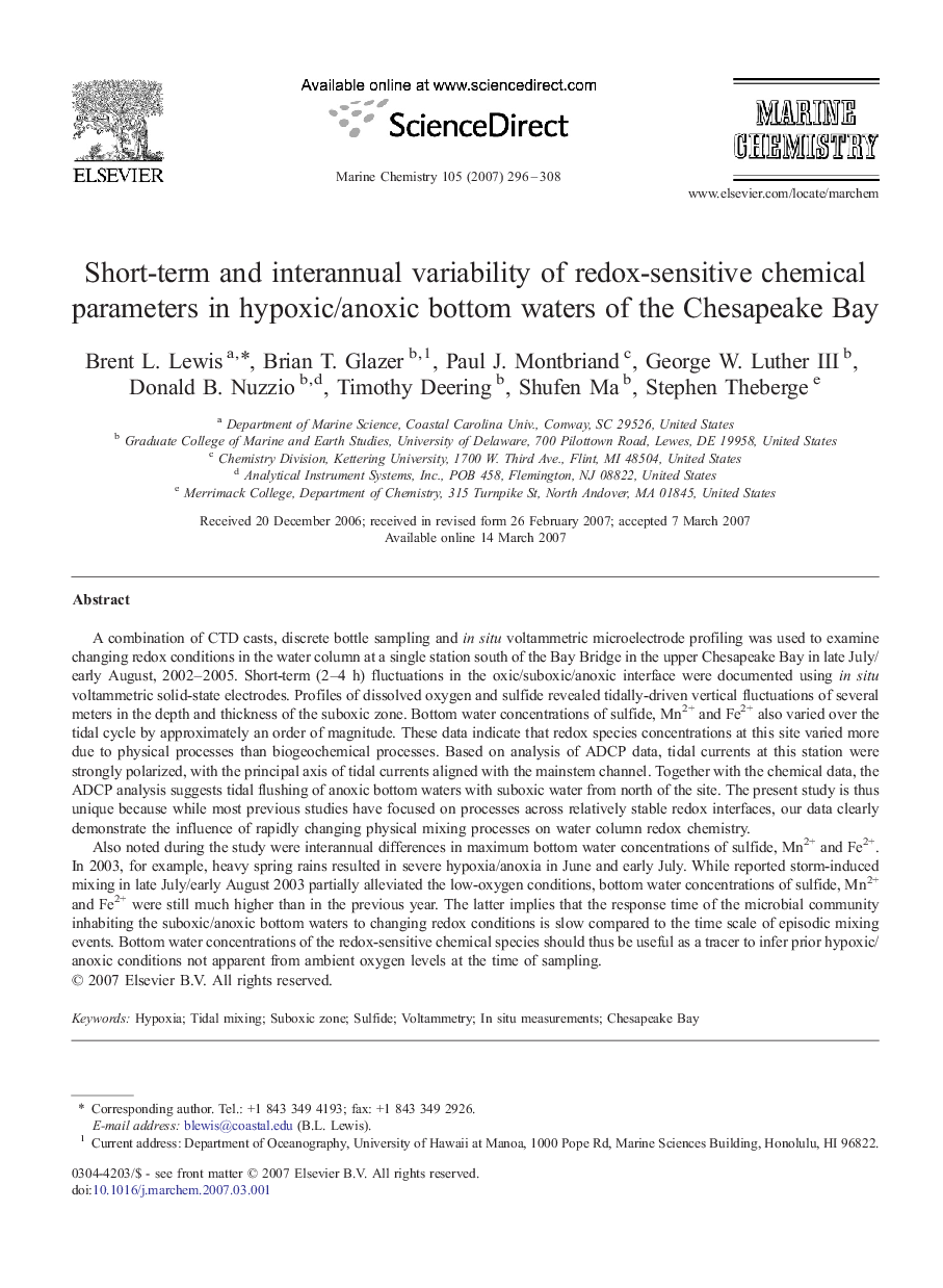 Short-term and interannual variability of redox-sensitive chemical parameters in hypoxic/anoxic bottom waters of the Chesapeake Bay