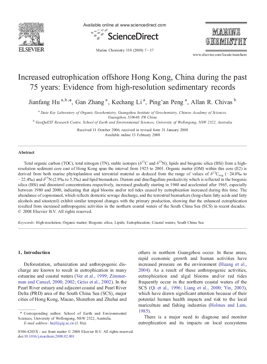 Increased eutrophication offshore Hong Kong, China during the past 75 years: Evidence from high-resolution sedimentary records