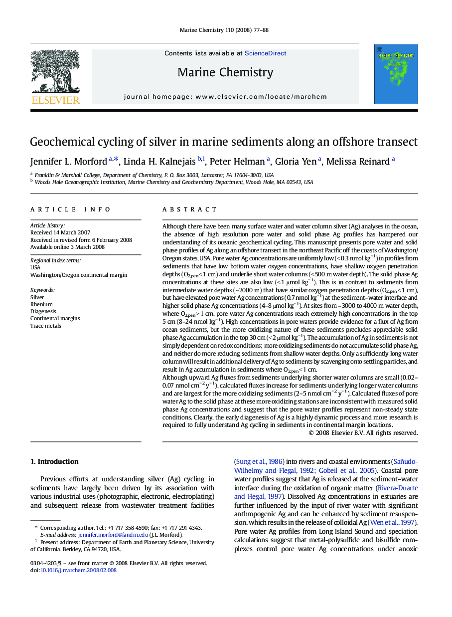 Geochemical cycling of silver in marine sediments along an offshore transect