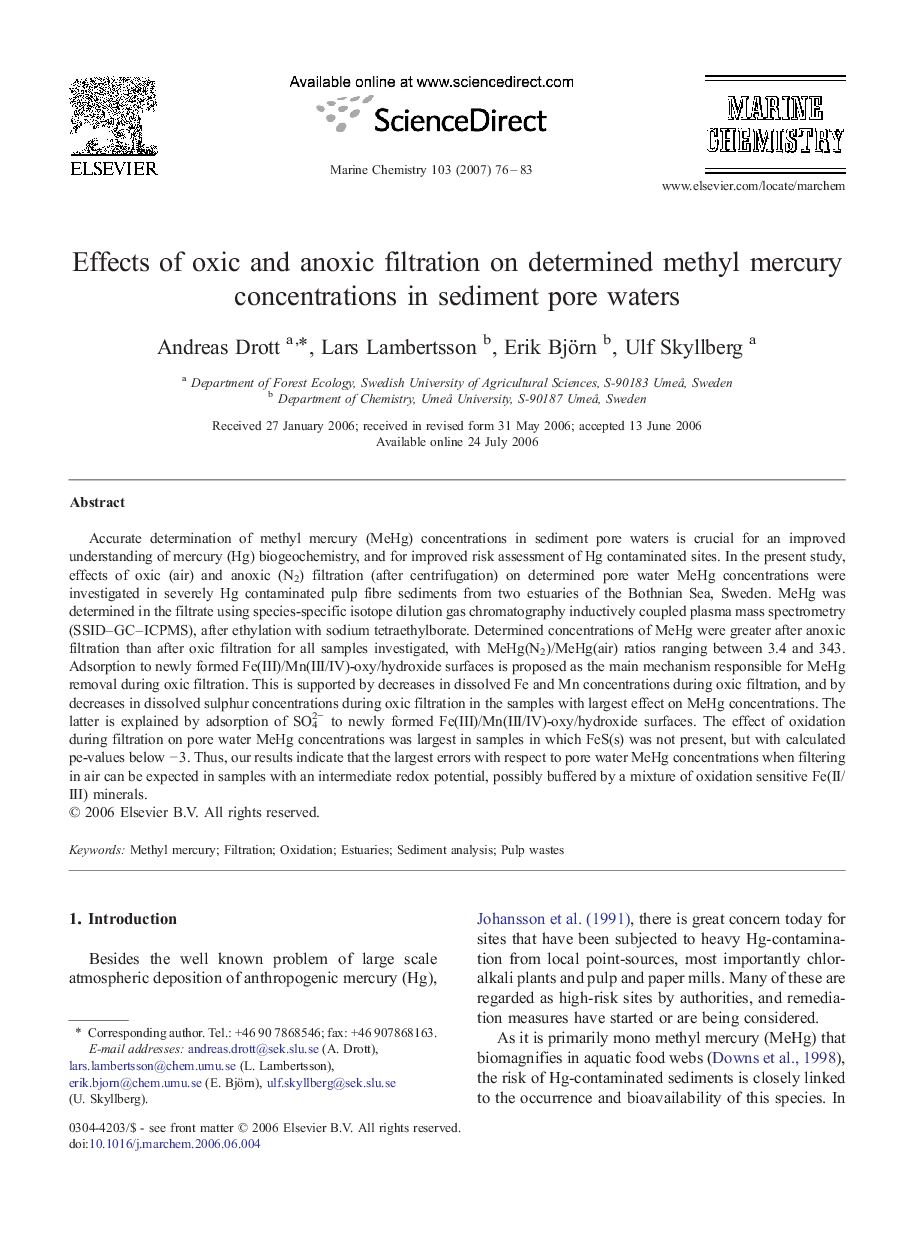 Effects of oxic and anoxic filtration on determined methyl mercury concentrations in sediment pore waters