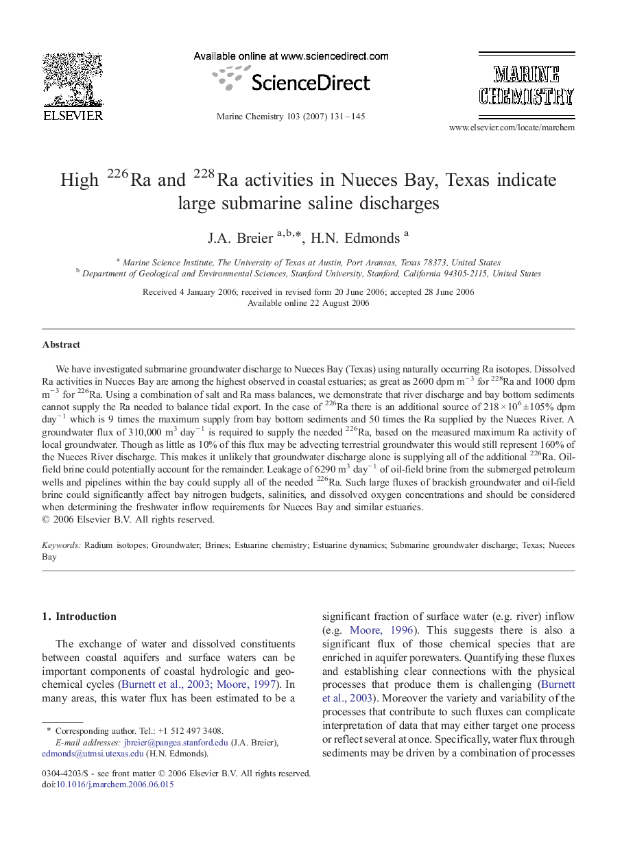 High 226Ra and 228Ra activities in Nueces Bay, Texas indicate large submarine saline discharges