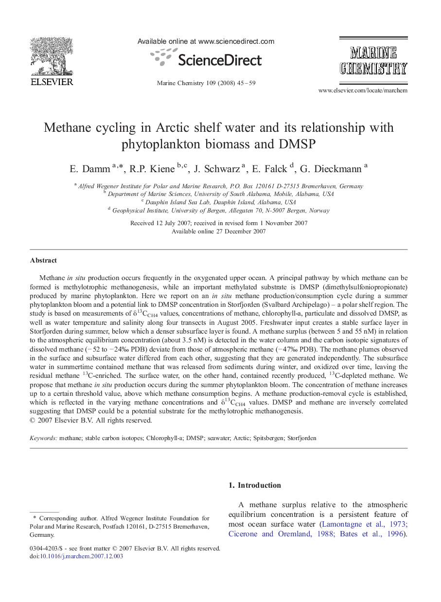 Methane cycling in Arctic shelf water and its relationship with phytoplankton biomass and DMSP