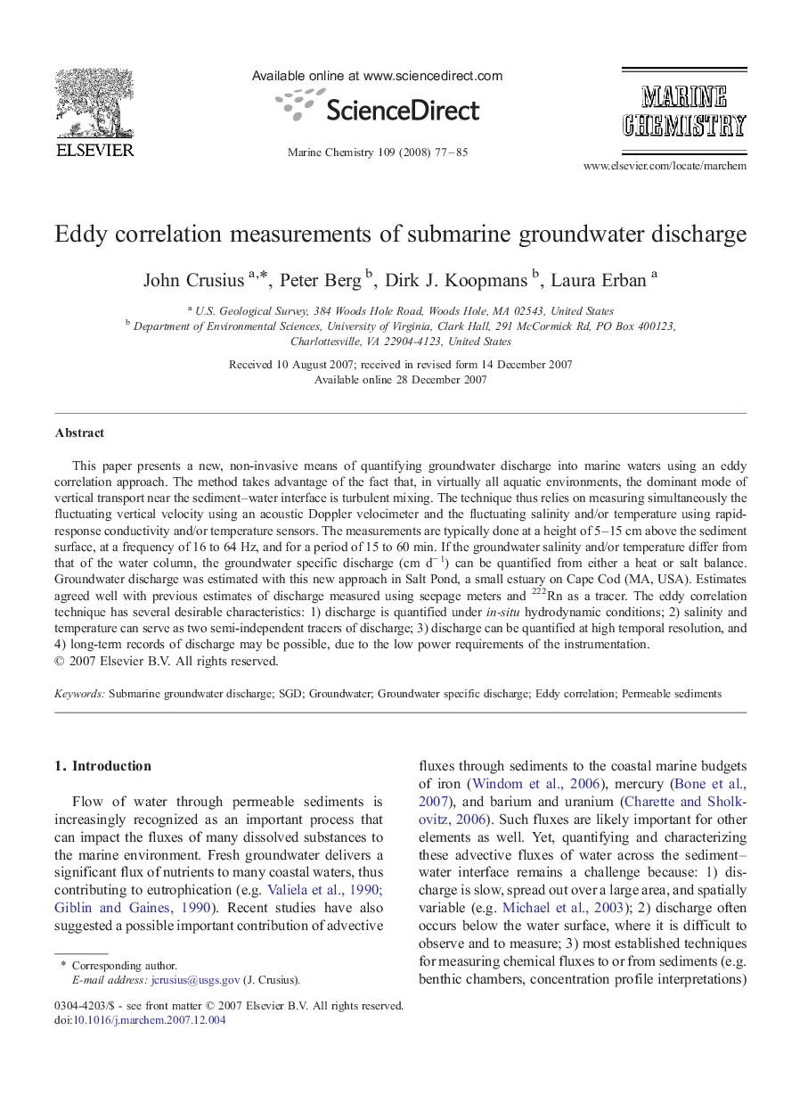 Eddy correlation measurements of submarine groundwater discharge