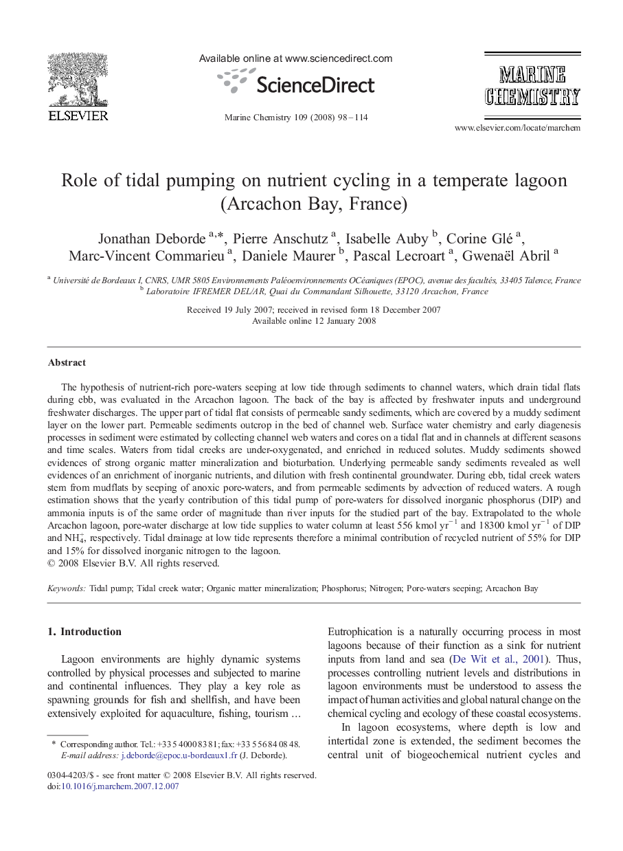 Role of tidal pumping on nutrient cycling in a temperate lagoon (Arcachon Bay, France)