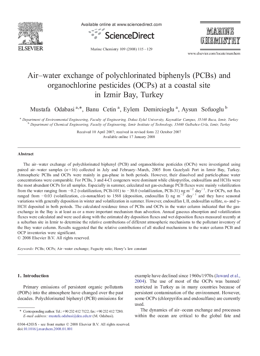 Air–water exchange of polychlorinated biphenyls (PCBs) and organochlorine pesticides (OCPs) at a coastal site in Izmir Bay, Turkey