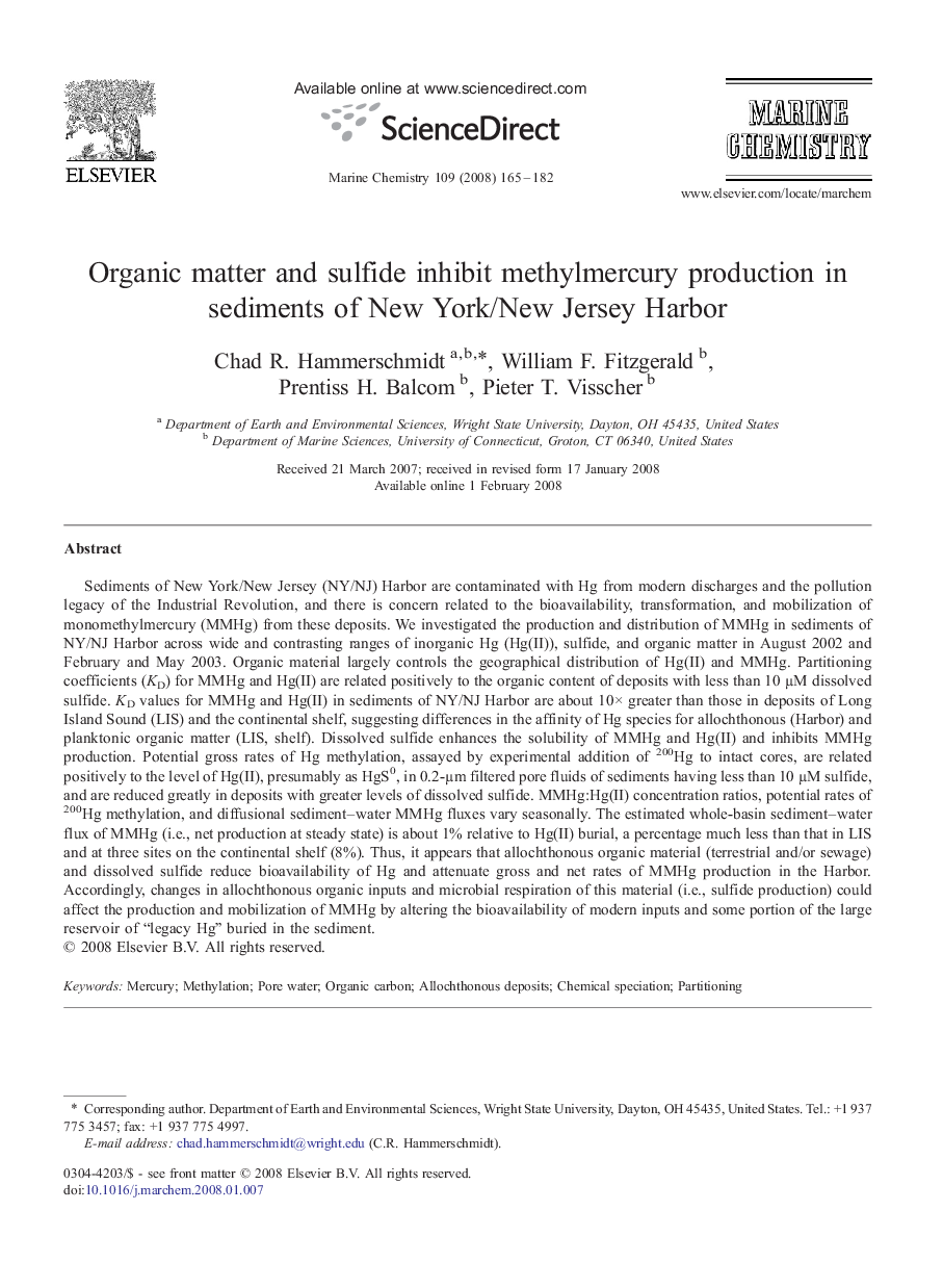 Organic matter and sulfide inhibit methylmercury production in sediments of New York/New Jersey Harbor