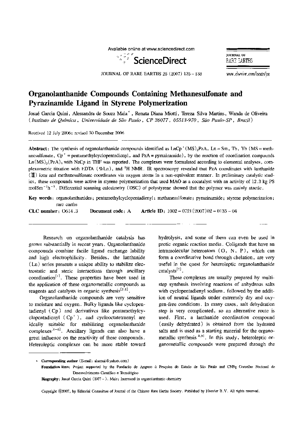 Organolanthanide Compounds Containing Methanesulfonate and Pyrazinamide Ligand in Styrene Polymerization 