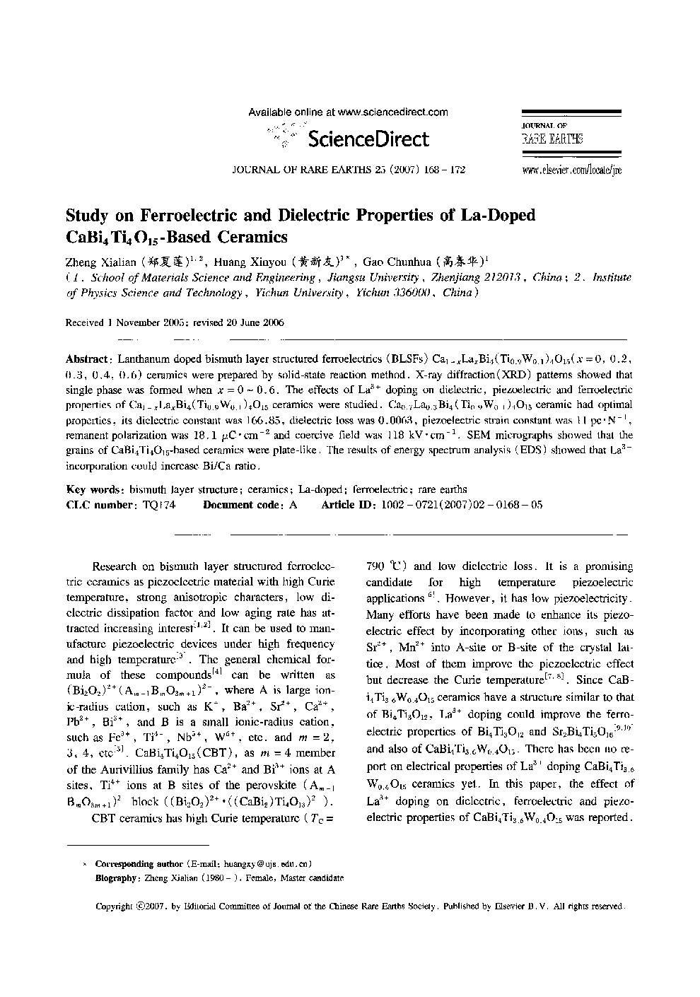 Study on Ferroelectric and Dielectric Properties of La-Doped CaBi4Ti4O15-Based Ceramics