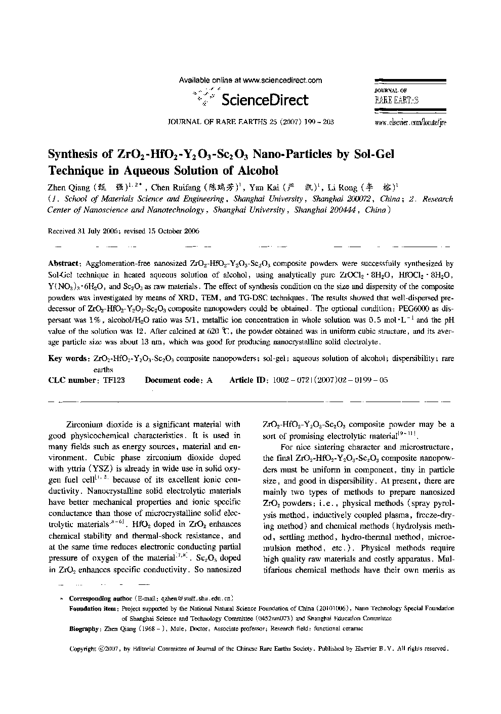 Synthesis of ZrO2-HfO2-Y2O3-Sc2O3 Nano-Particles by Sol-Gel Technique in Aqueous Solution of Alcohol 