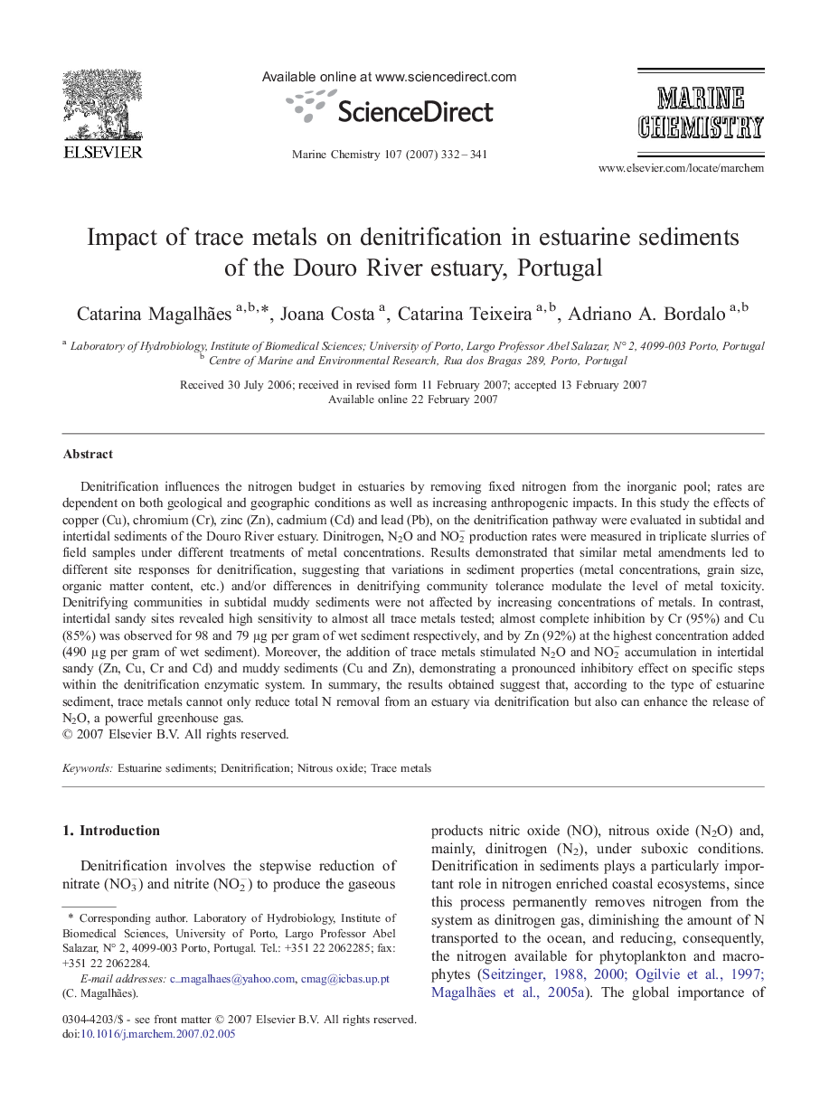 Impact of trace metals on denitrification in estuarine sediments of the Douro River estuary, Portugal