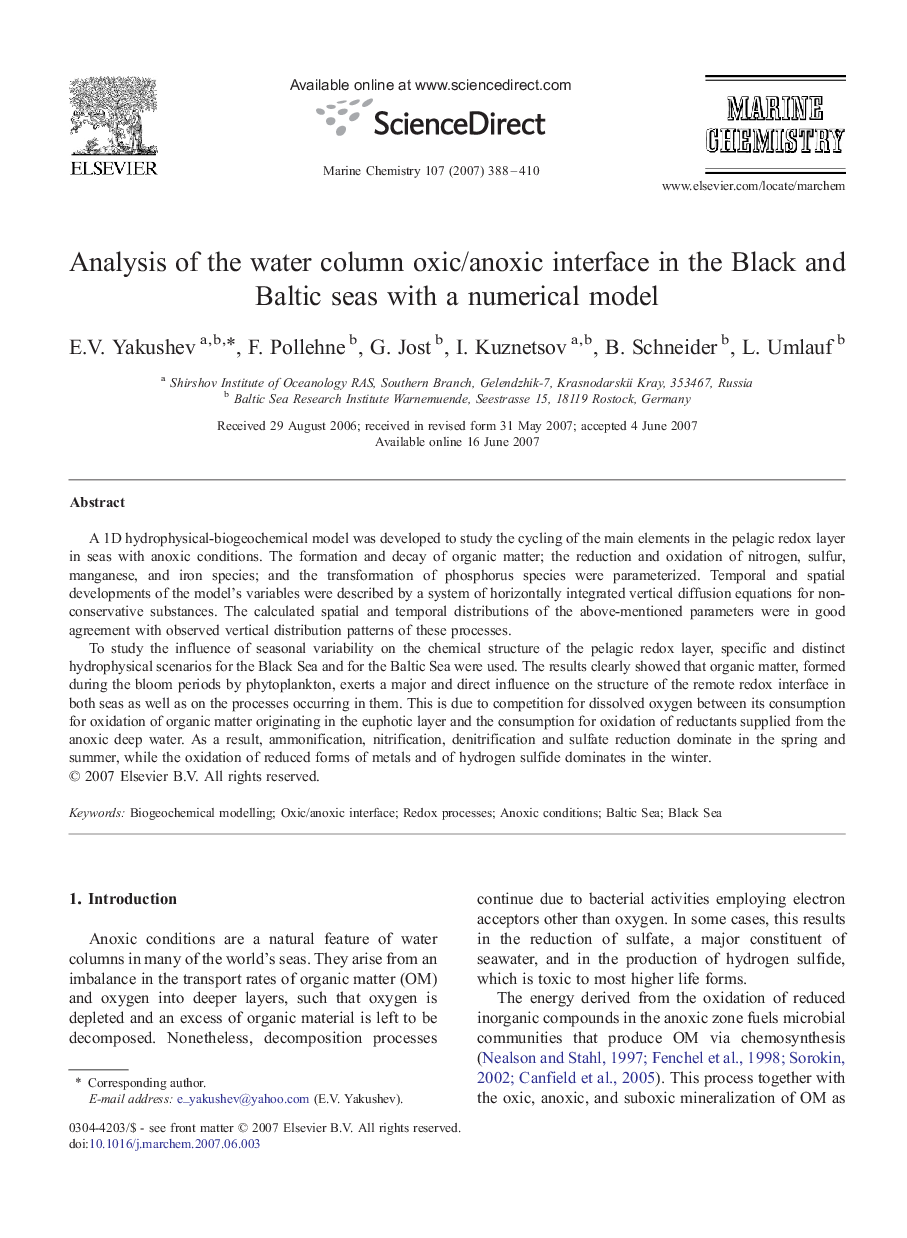 Analysis of the water column oxic/anoxic interface in the Black and Baltic seas with a numerical model