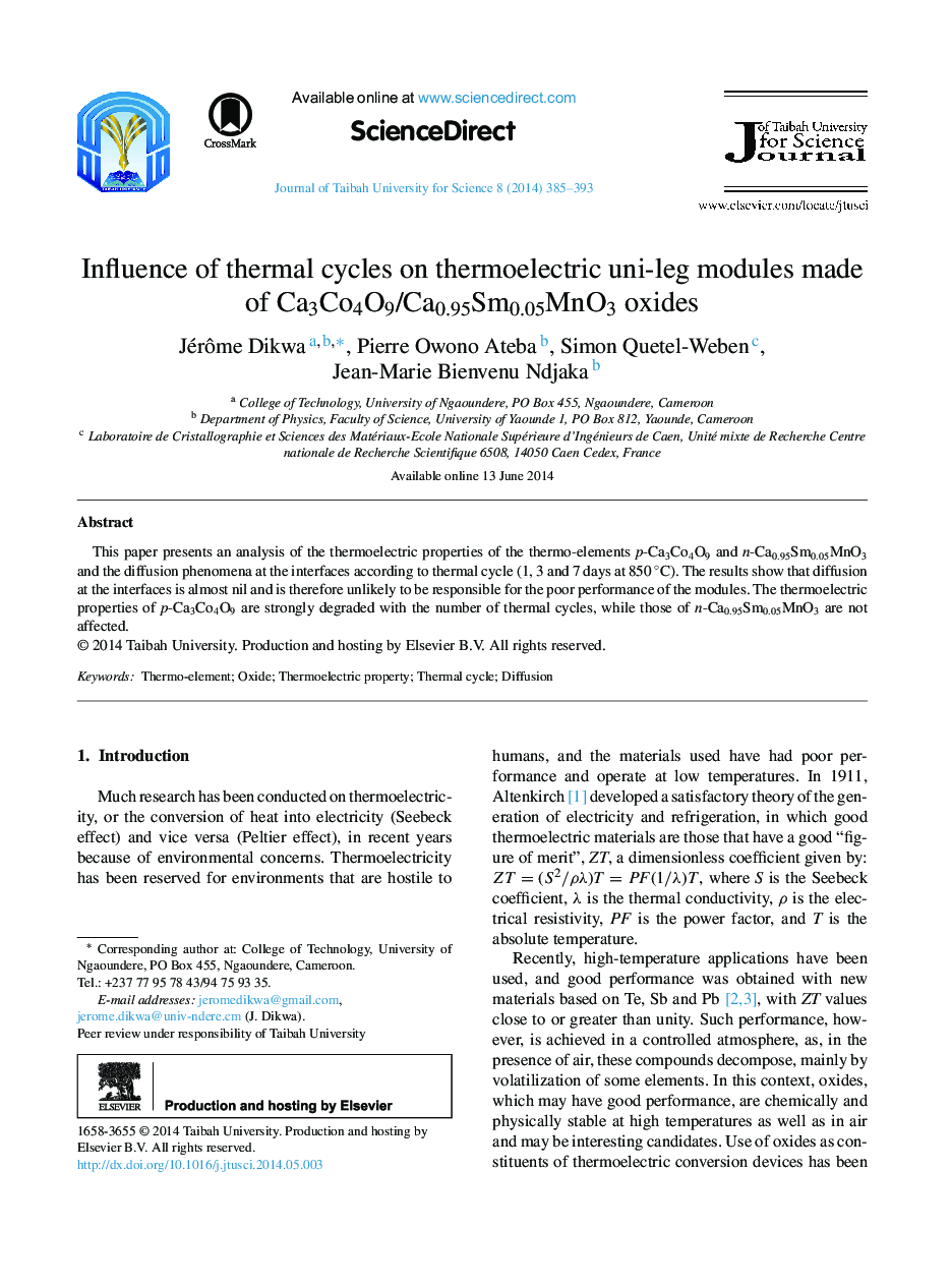 عکس صفحه اول مقاله: Influence of thermal cycles on thermoelectric uni-leg modules made of Ca3Co4O9/Ca0.95Sm0.05MnO3 oxides Influence of thermal cycles on thermoelectric uni-leg modules made of Ca3Co4O9/Ca0.95Sm0.05MnO3 oxides