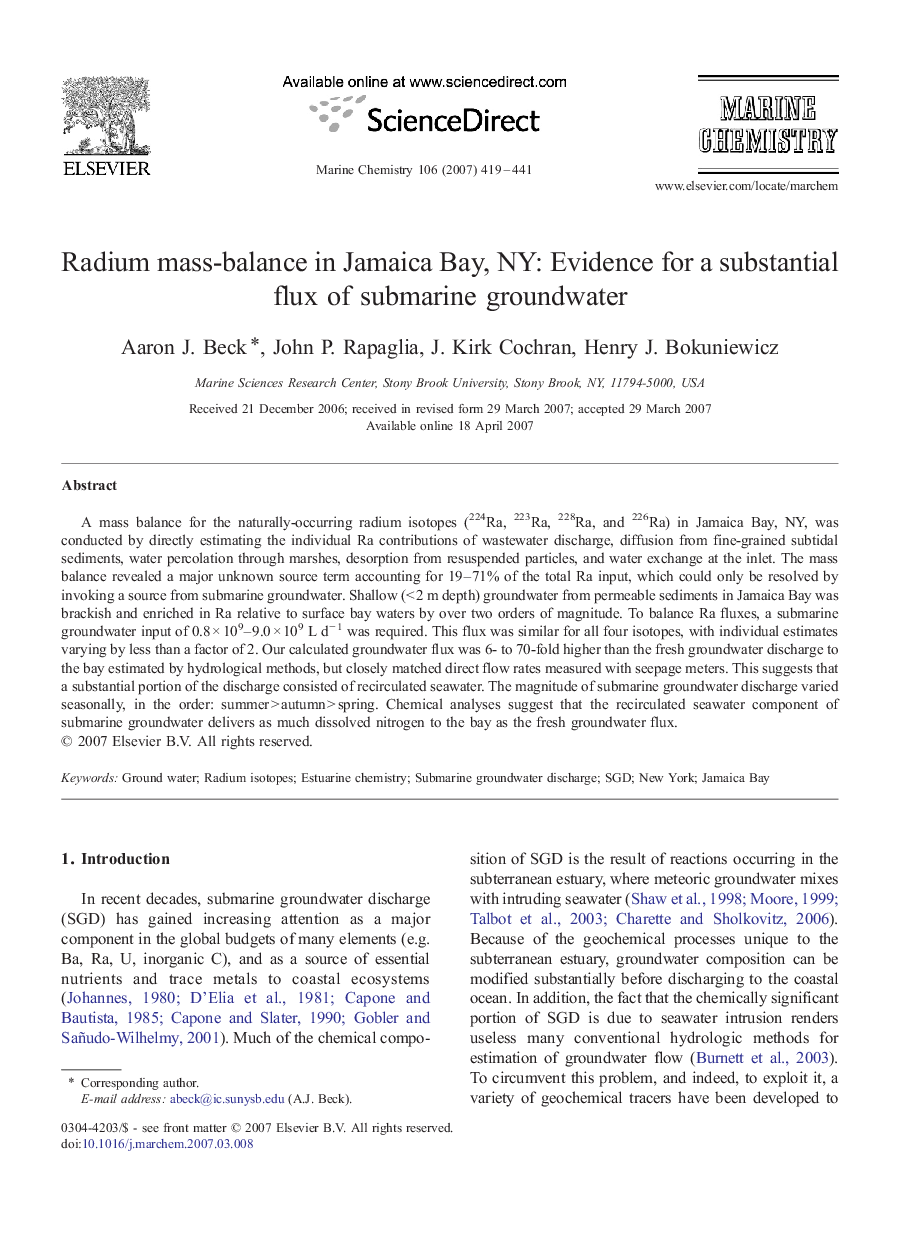 Radium mass-balance in Jamaica Bay, NY: Evidence for a substantial flux of submarine groundwater