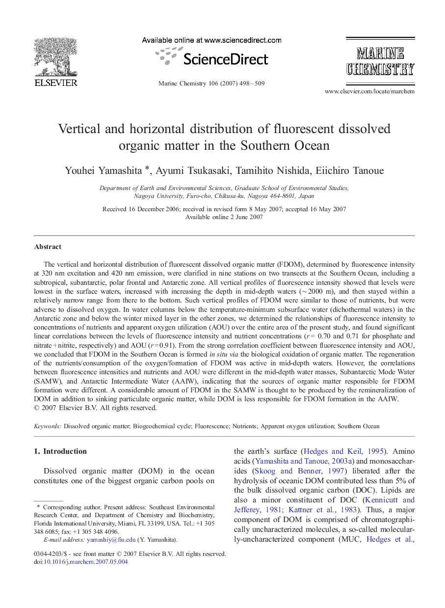 Vertical and horizontal distribution of fluorescent dissolved organic matter in the Southern Ocean