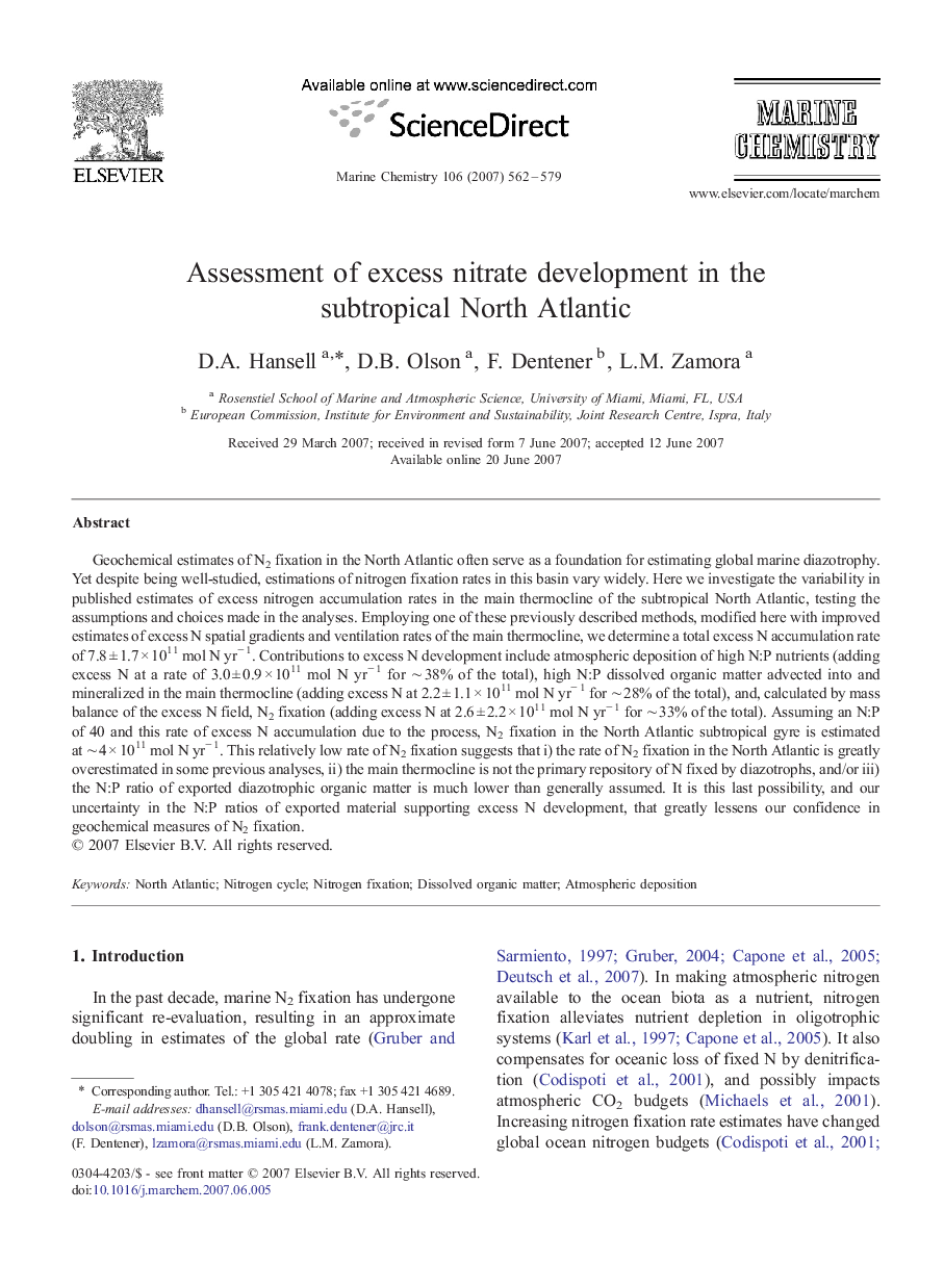 Assessment of excess nitrate development in the subtropical North Atlantic