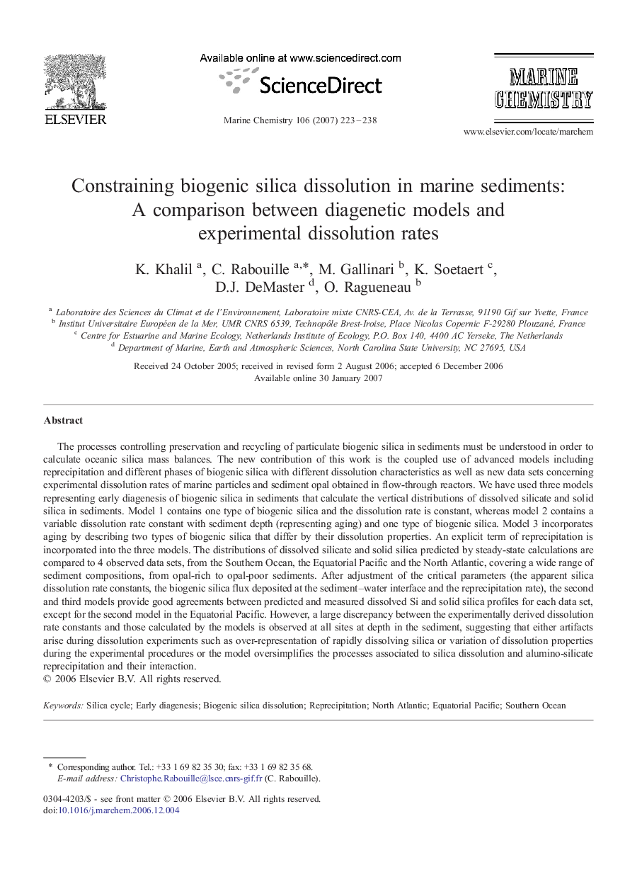 Constraining biogenic silica dissolution in marine sediments: A comparison between diagenetic models and experimental dissolution rates