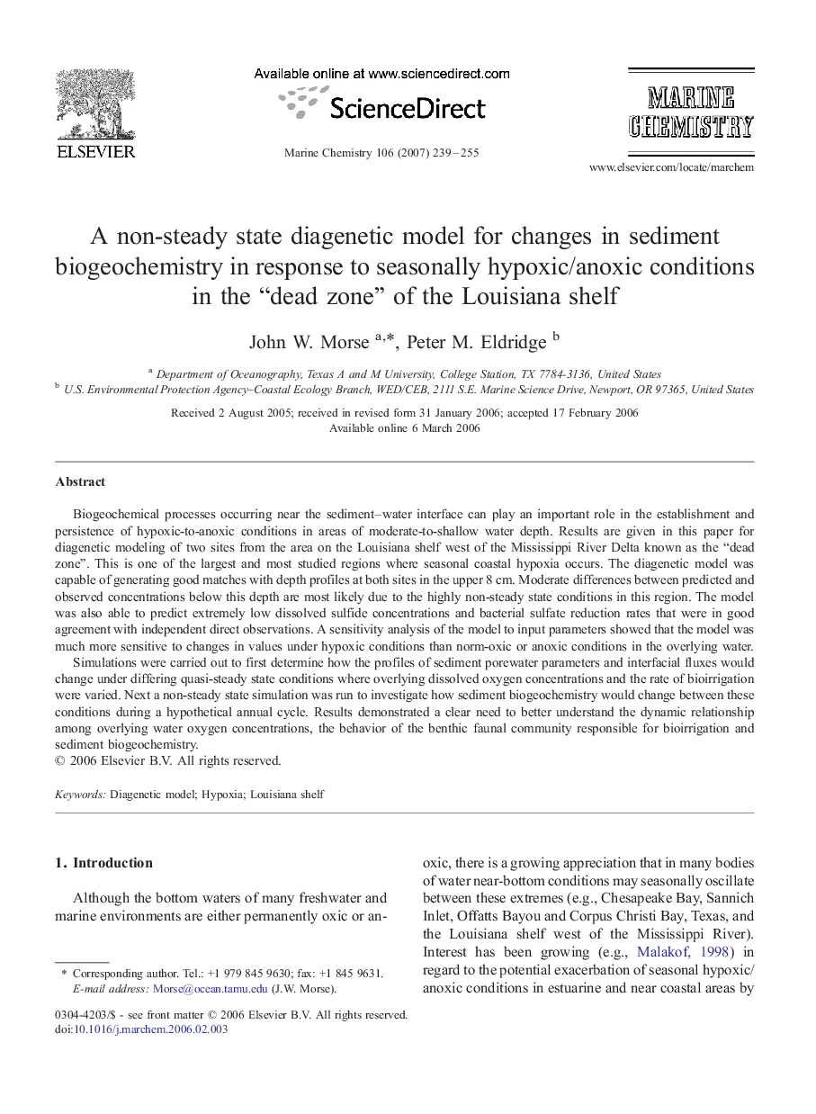 A non-steady state diagenetic model for changes in sediment biogeochemistry in response to seasonally hypoxic/anoxic conditions in the “dead zone” of the Louisiana shelf