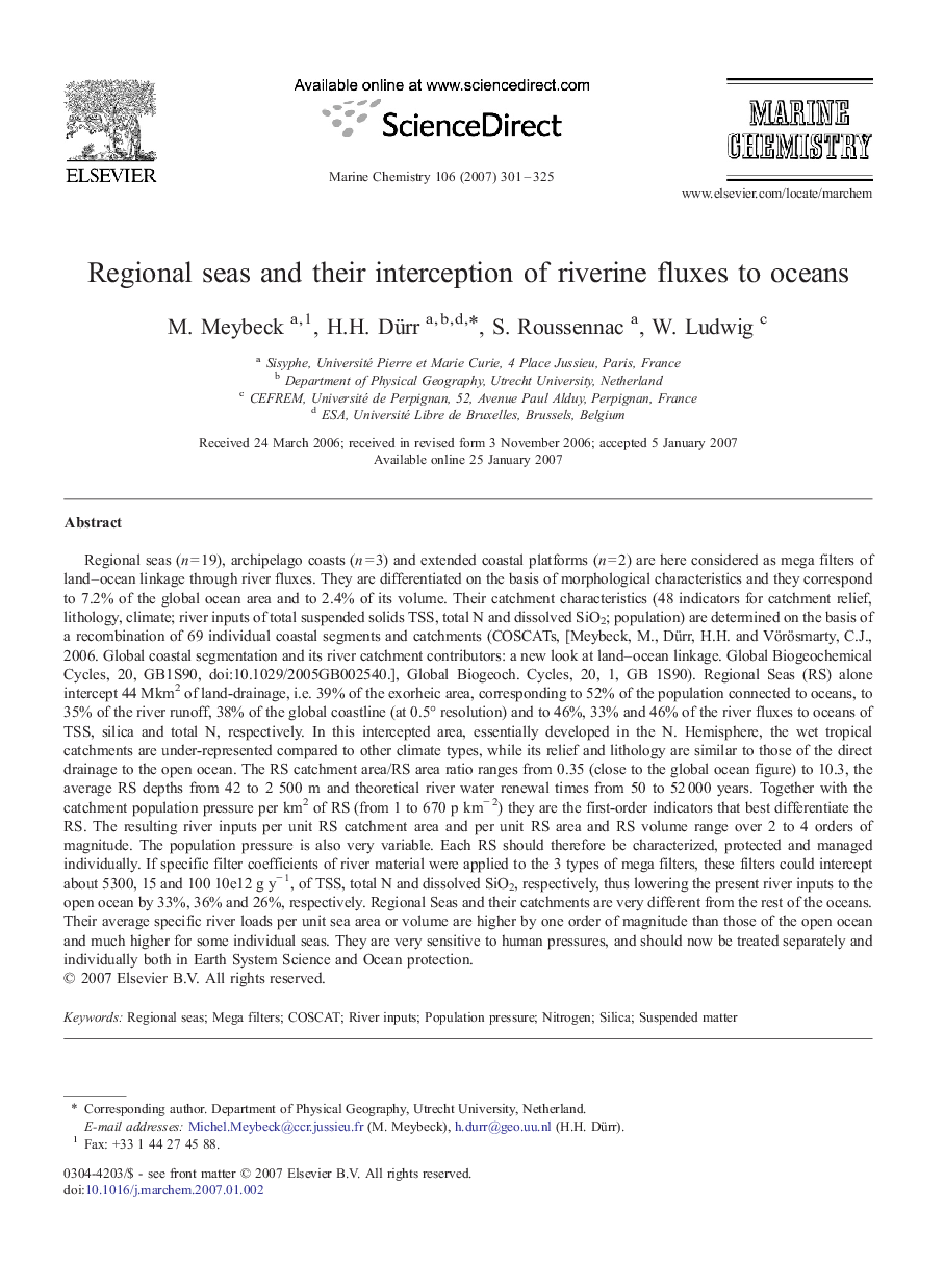 Regional seas and their interception of riverine fluxes to oceans