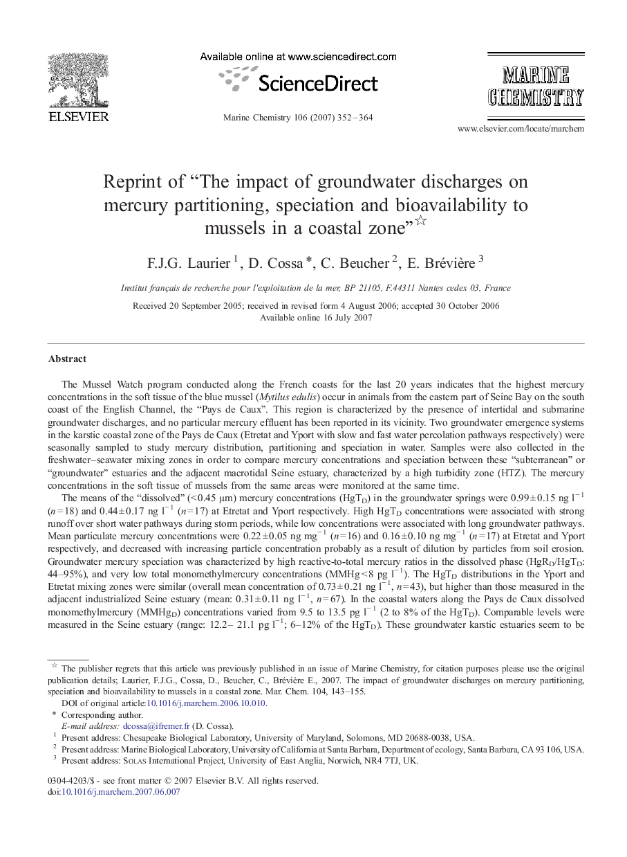 Reprint of “The impact of groundwater discharges on mercury partitioning, speciation and bioavailability to mussels in a coastal zone” 